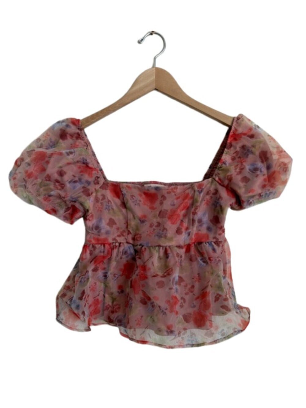 Floral Puff Sleeve Smocked Organza Crop Top Blush Pink Lined Coquette Size S